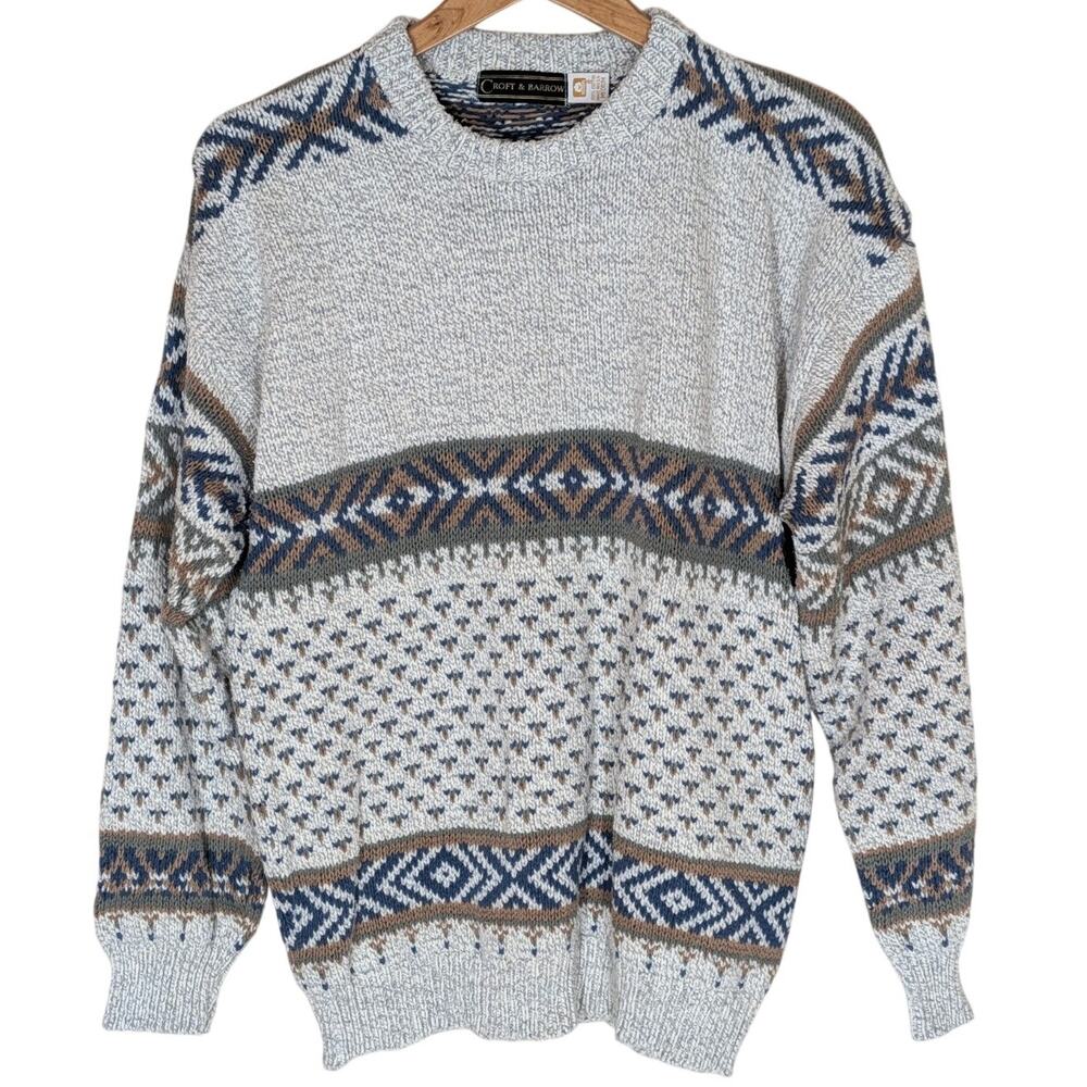 Croft & Barrow Sweater Brown Mens Medium Fair Isle Knit Cotton Vintage Grandpa